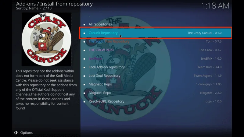 Install Kodi Crazy Canucks
